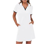 BFSWL Polo da donna, a maniche corte, per il tempo libero, lunghezza al ginocchio, per lo sport, estivo, estivo, per il golf, per il tempo libero, con tasche, bianco, XL