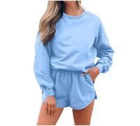 BFSWL Tuta casual da donna - autunno a maniche lunghe felpa e pantaloncini in due pezzi, Azzurro, M