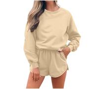 BFSWL Tuta casual da donna - autunno a maniche lunghe felpa e pantaloncini in due pezzi, cachi, S