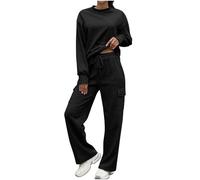 BFSWL Tuta casual da donna, sportiva, autunnale, tinta unita, da jogging, felpa e pantaloni per il tempo libero, due pezzi, Nero , XXL