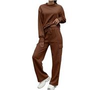 BFSWL Tuta casual da donna, sportiva, autunnale, tinta unita, da jogging, felpa e pantaloni per il tempo libero, due pezzi, marrone, L