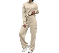 BFSWL Tuta casual da donna, sportiva, autunnale, tinta unita, da jogging, felpa e pantaloni per il tempo libero, due pezzi, beige., M