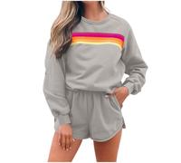 BFSWL Tuta da donna per il tempo libero, con motivo arcobaleno, a maniche lunghe, felpa e pantaloncini, 2 pezzi, grigio., XXL