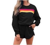 BFSWL Tuta da donna per il tempo libero, con motivo arcobaleno, a maniche lunghe, felpa e pantaloncini, 2 pezzi, Nero , M