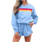 BFSWL Tuta da donna per il tempo libero, con motivo arcobaleno, a maniche lunghe, felpa e pantaloncini, 2 pezzi, Azzurro, S