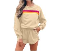 BFSWL Tuta da donna per il tempo libero, con motivo arcobaleno, a maniche lunghe, felpa e pantaloncini, 2 pezzi, cachi, XL