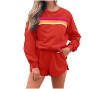 BFSWL Tuta da donna per il tempo libero, con motivo arcobaleno, a maniche lunghe, felpa e pantaloncini, 2 pezzi, Colore: rosso, M