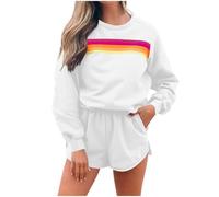 BFSWL Tuta da donna per il tempo libero, con motivo arcobaleno, a maniche lunghe, felpa e pantaloncini, 2 pezzi, bianco, XXL
