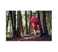 BFTIUTG Poster su tela, motivo: una donna vestita di rosso appoggiata a un albero nella misteriosa foresta, decorazione per camera da letto, ufficio, camera da letto, regalo, 30 x 45 cm