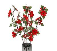 BFYDOAA 4 Rami Stella di Natale Artificiale, Stelo Lungo 77 Cm, Fiori Natale Rossi di Stella di Natale con Foglie Agrifoglio e Bacche, per Albero di Natale, Vasi, Centrotavola
