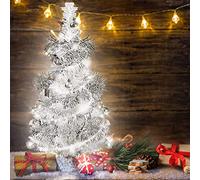 BFYDOAA Albero di Natale da Tavolo da 60cm con Luce a LED - Mini Albero di Natale in PVC con Ornamenti Scintillanti e Ghirlanda di Orpelli per Decorazioni Festive(Argento)