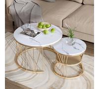 BFYDOAA Set di 2 tavolini estraibili, in finto marmo, tavolino rotondo con struttura in metallo, tavolino da salotto moderno, 70 x 70 x 45 cm, 45 x 45 x 40 cm