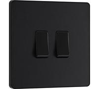 BG Electrical - Interruttore doppio da parete, 2 vie, piastra frontale senza viti, bordi arrotondati, Evolve, nero opaco, 20A, 16AX, PCDMB42B