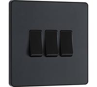BG Electrical - Interruttore triplo da parete, 2 vie, piastra frontale senza viti, bordi arrotondati, Evolve, grigio opaco, 20A, 16AX, PCDMG43B