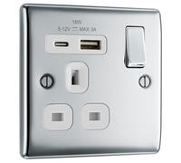 BG Electrical NPC21UAC18W - Presa a muro con presa a muro con porte USB di tipo A e USB di tipo C, ricarica rapida, bordi arrotondati, metallo Nexus, cromo lucido, inserti bianchi, 13 A, NPC21UAC18W