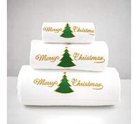 BGEUROPE Merry Xmas - Set di 3 asciugamani da bagno ricamati bianchi - Rif. Christmas Green Tree