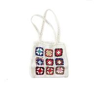 BGHYJKOL Borsa Uncinetto Handmade Crochet Weaving Bag Summer Retro Grid Shoulder Mixed Color Flower Block Handbag Leisure Top-Handle(White)