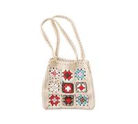 BGHYJKOL Borsa Uncinetto Handmade Crochet Weaving Bag Summer Retro Grid Shoulder Mixed Color Flower Block Handbag Leisure Top-Handle(Beige)