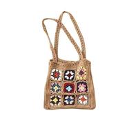 BGHYJKOL Borsa Uncinetto Handmade Crochet Weaving Bag Summer Retro Grid Shoulder Mixed Color Flower Block Handbag Leisure Top-Handle(Khaki)