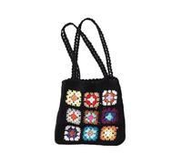 BGHYJKOL Borsa Uncinetto Handmade Crochet Weaving Bag Summer Retro Grid Shoulder Mixed Color Flower Block Handbag Leisure Top-Handle(Black)