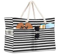 BGIUSQF Borsa Mare Grande, 17,3 x 5,9 x 14,9 In Borsa Mare Donna, Grande Capacità Borse Tote con Cerniera, Borsa Spiaggia per Shopping Spiaggia Viaggio Sportiva, Strisce Nere