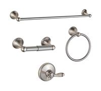 BGL, Set di accessori da bagno, regolabili ed espandibili, 4 pezzi, con barra per asciugamani, anello asciugamano, gancio accappatoio e porta carta igienica, montaggio a parete, in nickel spazzolato