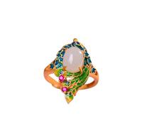 BgnEhRfL Anelli, anelli vintage, Anello da donna in argento S925 placcato oro con uova di giada bianca Hetian naturale e smalto a forma di pavone