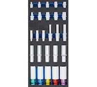 BGS 4147 | Inserto per carrello da officina 1/3: inserti per chiavi a bussola | esagonale, profondità 11 - 22 mm | profilo E10 - E22 | 6,3 mm (1/4"), 10 mm (3/8"), 12,5 mm (1/2") | 26 pezzi.