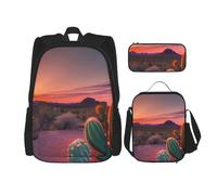 BGSHJVF Set zaino da viaggio con stampa di cactus deserto al tramonto, elegante tessuto Oxford 600D, borsa termica per il pranzo e borsa per cosmetici, nero, Taglia unica