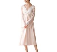 BGT Pigiama Francese di Alta qualità Pizzo Abito Lungo Primavera e Autunno Abiti per la casa Pigiama Sexy delle Donne a Maniche Lunghe in Cotone Scollo a V (Rosa,L)