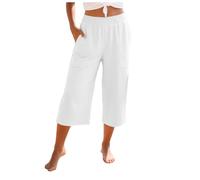 Bgvowivh Pantaloni Balloon Donna Pantaloni Capri da Donna in Cotone e Lino, Gamba Dritta, Balza, Elastico in Vita, Larghi Estivi da Spiaggia con Tasche Estivi Leggeri (White, M)