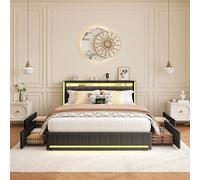 BHFFTHK Letto imbottito 180 x 200 con LED, letto matrimoniale con 4 cassetti e rete a doghe, testiera con funzione di ricarica USB, letti funzionali, telaio in lino, grigio, senza materasso