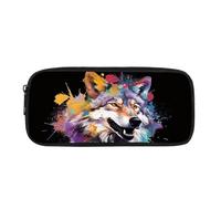 BHHJKK Astuccio per ragazzi per il rientro a scuola con lupo e stelle, scatola portamatite con cerniera, portapenne resistente, per compleanno, Acquerello Lupo Nero, Taglia unica, Astucci per matite
