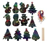 Bhina 48 Pezzi Natalizie Scratch Art Natale Fogli di Disegni Scratch Magic Arcobaleno Scratch Paper Ornamento Graffiti Colorati con 48 Corda e 16 Penna di Legno per Decorazioni Albero di Natale, 02