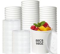 Bhina 50 Pezzi Tazza di Zuppa di Carta con Coperchi, 16oz/460ml Contenitore per Zuppa da Asporto, Coppette per Gelato Carta, per Gelato, Zuppa, Adatti al Microonde e Congelabili (Coperchio en PP)