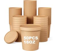Bhina 50 Pezzi Tazza di Zuppa di Carta con Coperchi, 16oz/460ml Contenitore per Zuppa da Asporto, Coppette per Gelato Carta, per Gelato, Zuppa, Adatti al Microonde e Congelabili (Coperchio Marrone)