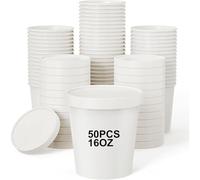Bhina 50 Pezzi Tazza di Zuppa di Carta con Coperchi, 16oz/460ml Contenitore per Zuppa da Asporto, Coppette per Gelato Carta, per Gelato, Zuppa, Adatti al Microonde e Congelabili (Coperchio Bianco)