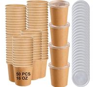 Bhina 50 Pezzi Tazza di Zuppa di Carta con Coperchi, 16oz/460ml Contenitore per Zuppa da Asporto, Coppette per Gelato Carta, per Gelato, Adatti al Microonde e Congelabili (Coperchio PP)