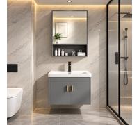 Bhpnak Mobile da bagno sospeso con specchio e lavabo，Grigio：50×36×40 cm | Dotato di armadietto, in legno massello, facile da montare, resistente al carico, facile da pulire, garanzia di un anno