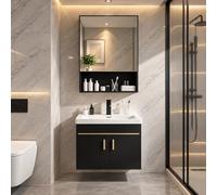 Bhpnak Mobile da bagno sospeso con specchio e lavabo，Nero：50×36×40 cm | Dotato di armadietto, in legno massello, facile da montare, resistente al carico, facile da pulire, garanzia di un anno