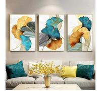 BHTMOI Quadro moderno Decorazione del soggiorno Blu Verde Giallo Oro Foglia di pianta Astratta Nordic Stampa su tela Pittura di arte della parete 50x71 cm (20x28 pollici) x3 Senza cornice