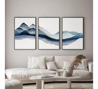 BHTMOI Set di 3 quadri da parete, quadri su tela con paesaggio montano, quadri da parete astratti blu con catena montuosa, decorazioni per la casa moderne in fattoria 70x100 cm x3 Senza cornice