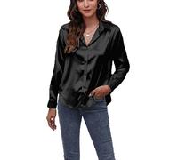BHUJIA Camicia di Seta di Raso delle Donne a Maniche Lunghe Button Down Camicia, Camicia Elegante della Camicia Casual di Seta (L,Black)