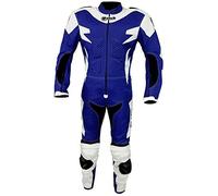BI ESSE - Tuta da MOTO intera in pelle e tessuto,ideale per strada,viaggi lunghi,touring, pitbike,completa di gobba e protezioni rigide certificate (Blu/Bianco, S)