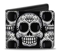 Bi-Fold Wallet Cartoon Sugar Skulls Stacked Black/White