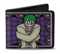 Bi-Fold Wallet Joker Stained Glass Straitjacket Pose/Bat Logo Purples/Red/Blue/W