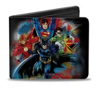 Bi-Fold Wallet Justice League 4-Superhero Group Pose Splatter + Logo Black/Gray/