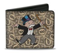 Bi-Fold Wallet Mr. Monopoly Rich Uncle Pennybags Pose 100 Money Bills Stacked