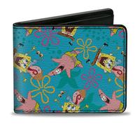 Bi-Fold Wallet SpongeBob Patrick and Gary Joy Poses and Flowers Scattered Blue