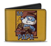 Buckle-Down Portafoglio, Bifold, Papa Smurf Kart Racing Turbo Edition Pose e Logo Arancione, Pelle Vegana
